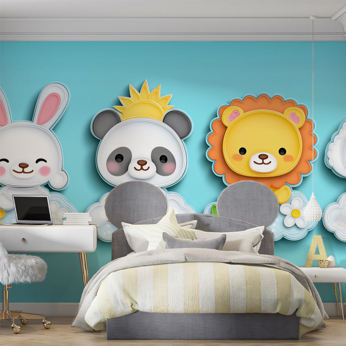 Cute Animal Cloud Cutout Mural | Vibrant Nursery Art, Panda, Lion & Bunny