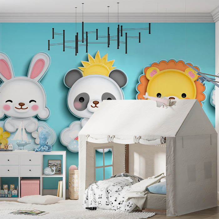 Cute Animal Cloud Cutout Mural | Vibrant Nursery Art, Panda, Lion & Bunny