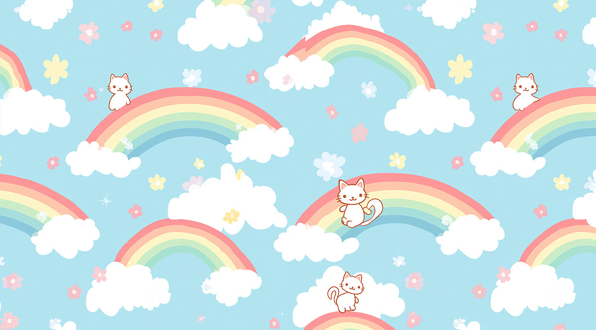 Kawaii Kitten Rainbow Cloud Pattern | Repetitive Motif, Sky Blue Nursery Wallpaper