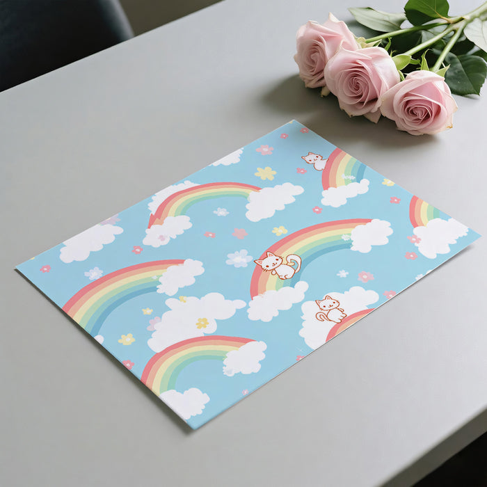 Kawaii Kitten Rainbow Cloud Pattern | Repetitive Motif, Sky Blue Nursery Wallpaper
