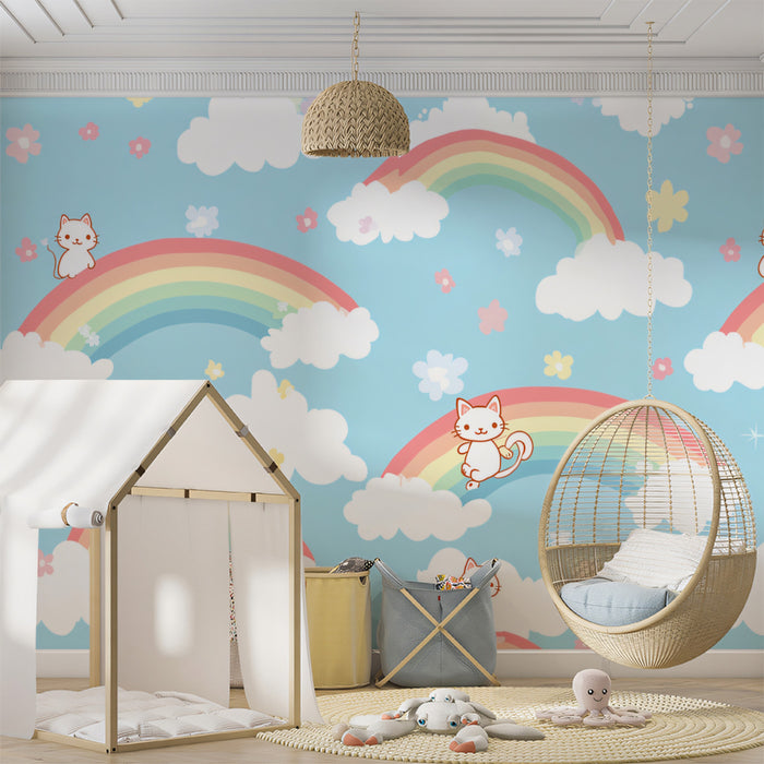 Kawaii Kitten Rainbow Cloud Pattern | Repetitive Motif, Sky Blue Nursery Wallpaper