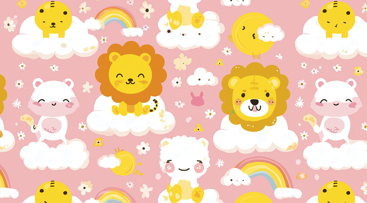 Playful Safari Cloud Pattern | Pink & Yellow, Lion & Polar Bear, Dense Repeat