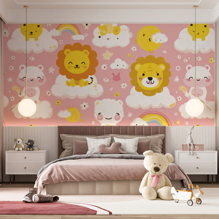Playful Safari Cloud Pattern | Pink & Yellow, Lion & Polar Bear, Dense Repeat