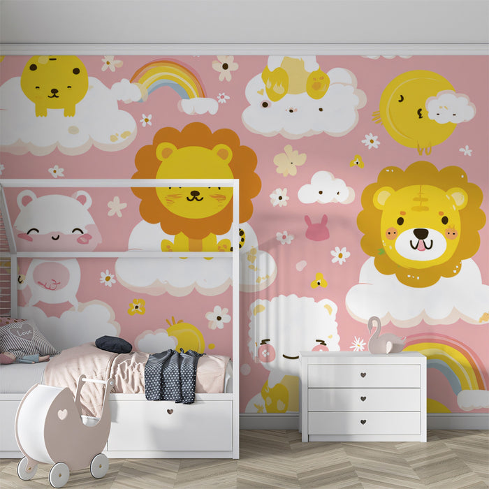 Playful Safari Cloud Pattern | Pink & Yellow, Lion & Polar Bear, Dense Repeat