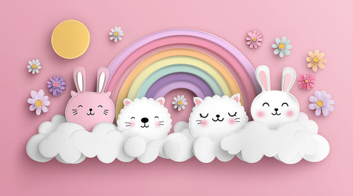 Cartoon bunnies with a rainbow and flowers on a pink background