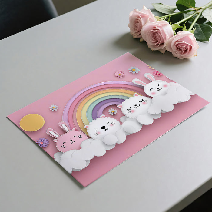 Paper-Cut Animal Rainbow Arch Mural | Pink Background, Bunny & Kitten, Floral Accents