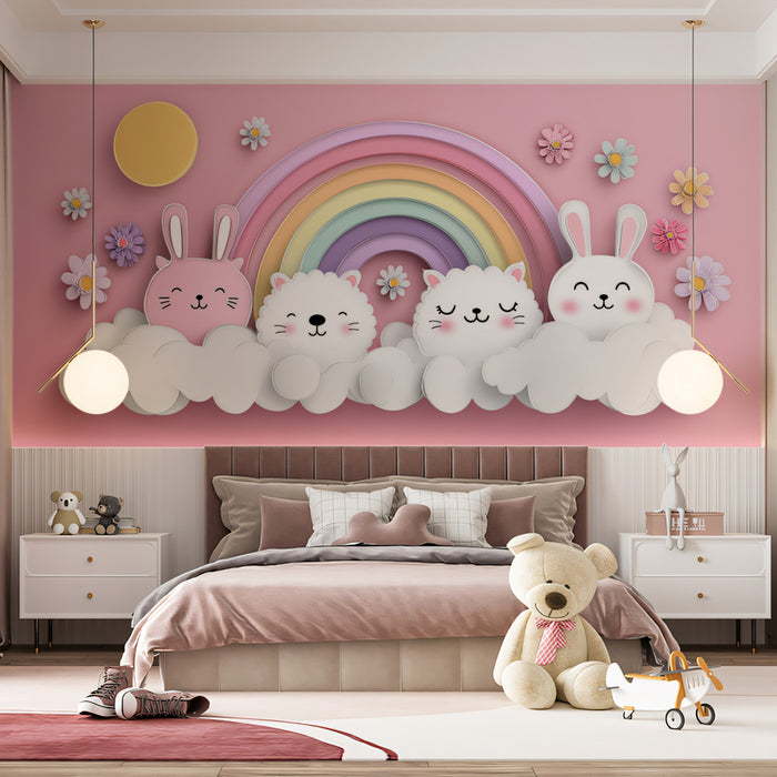 Paper-Cut Animal Rainbow Arch Mural | Pink Background, Bunny & Kitten, Floral Accents