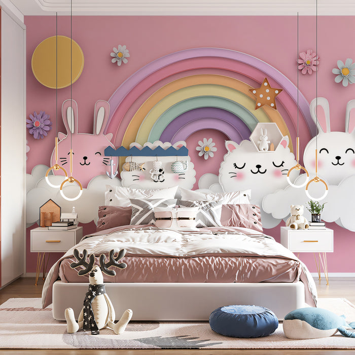 Paper-Cut Animal Rainbow Arch Mural | Pink Background, Bunny & Kitten, Floral Accents