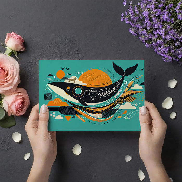 Abstract Whale & Safari Mural | Geometric, Mid-Century Modern, Teal & Orange