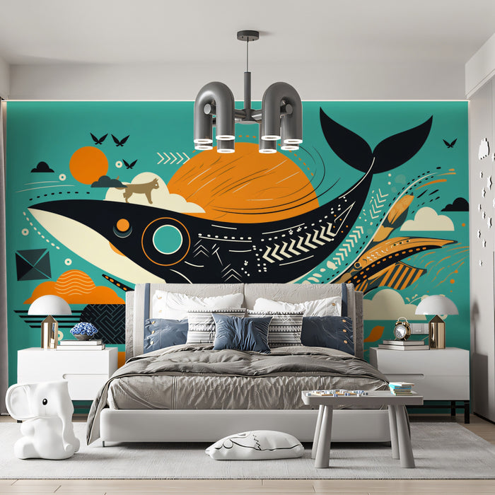 Abstract Whale & Safari Mural | Geometric, Mid-Century Modern, Teal & Orange