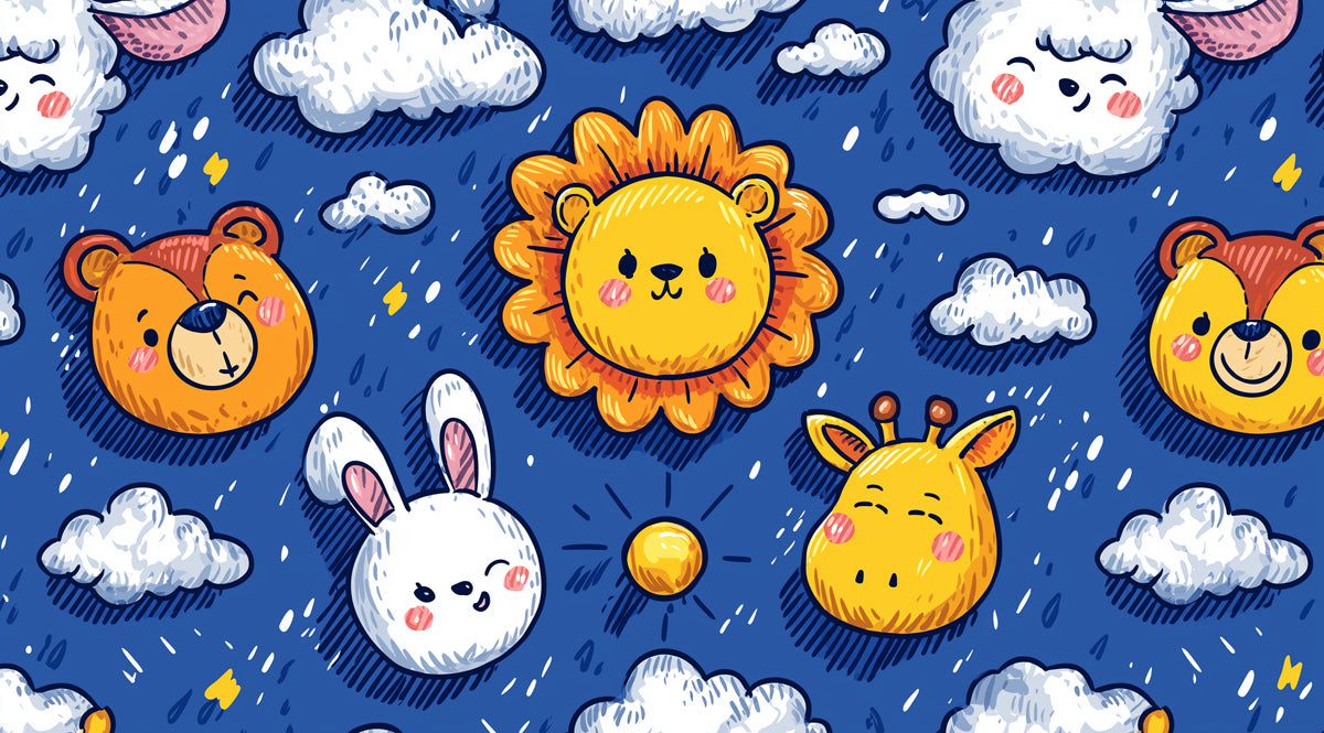 Night Sky Safari Doodle Pattern | Hand-Drawn, Dark Blue, Cute Animals & Clouds