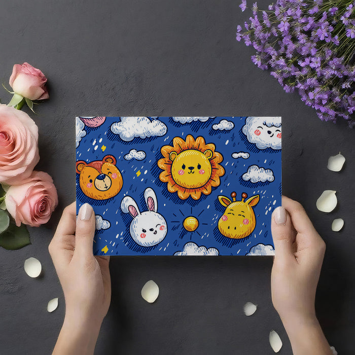 Night Sky Safari Doodle Pattern | Hand-Drawn, Dark Blue, Cute Animals & Clouds