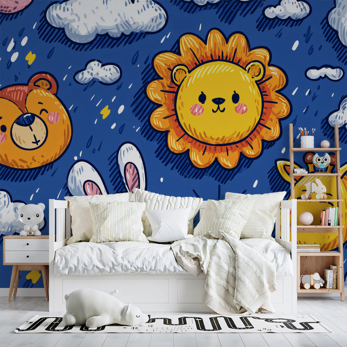 Night Sky Safari Doodle Pattern | Hand-Drawn, Dark Blue, Cute Animals & Clouds
