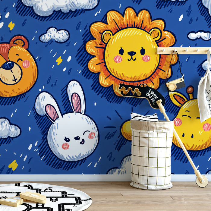 Night Sky Safari Doodle Pattern | Hand-Drawn, Dark Blue, Cute Animals & Clouds