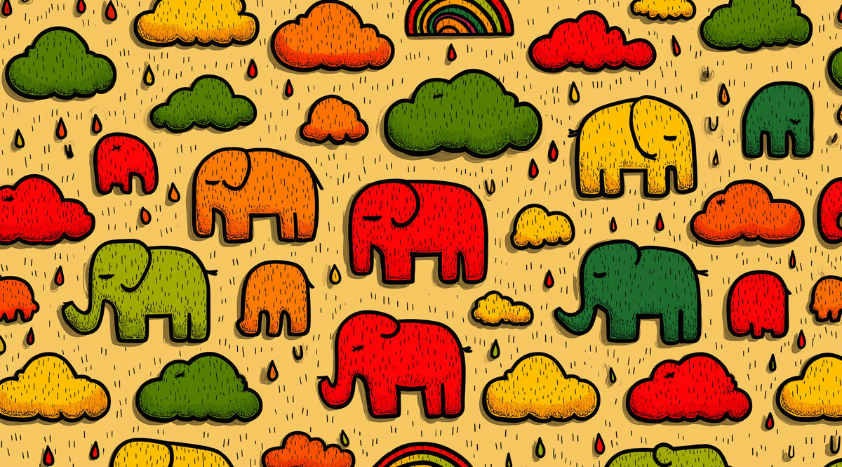 Pop Art Elephant Rain Pattern | Bold Primary Colors, Doodle Style, Yellow Background