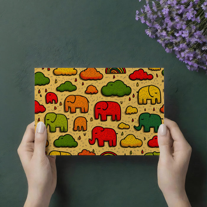 Pop Art Elephant Rain Pattern | Bold Primary Colors, Doodle Style, Yellow Background