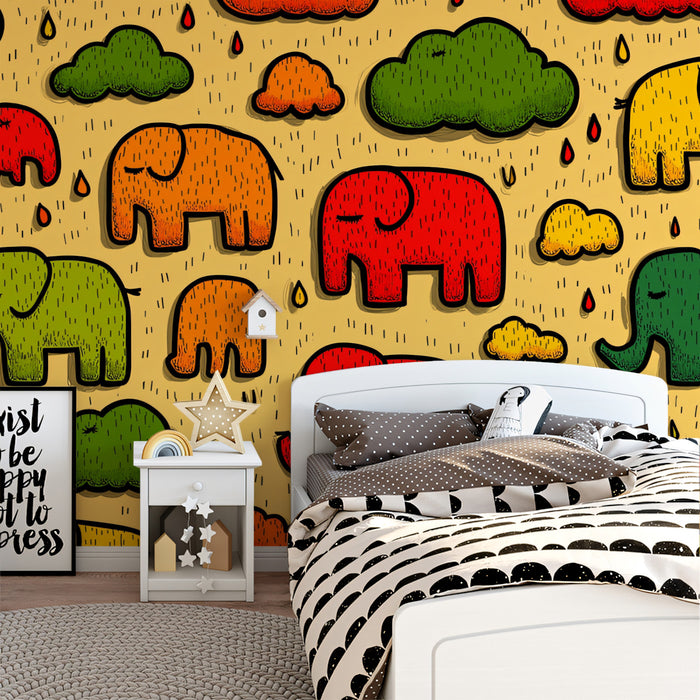 Pop Art Elephant Rain Pattern | Bold Primary Colors, Doodle Style, Yellow Background