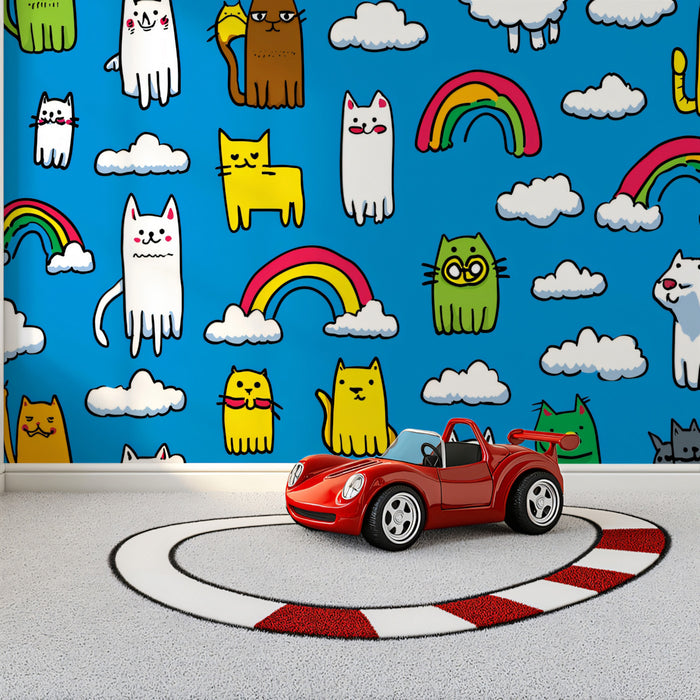 Bright Abstract Cat Pattern | Urban Doodle Style, High-Contrast Blue, Cartoon Animals