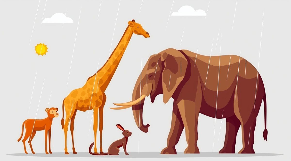 Illustration: Safari Animals in the Rain | Cartoon Style, Warm Tones, Nursery Panorama