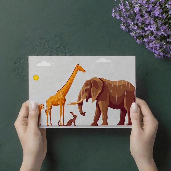 Illustration: Safari Animals in the Rain | Cartoon Style, Warm Tones, Nursery Panorama