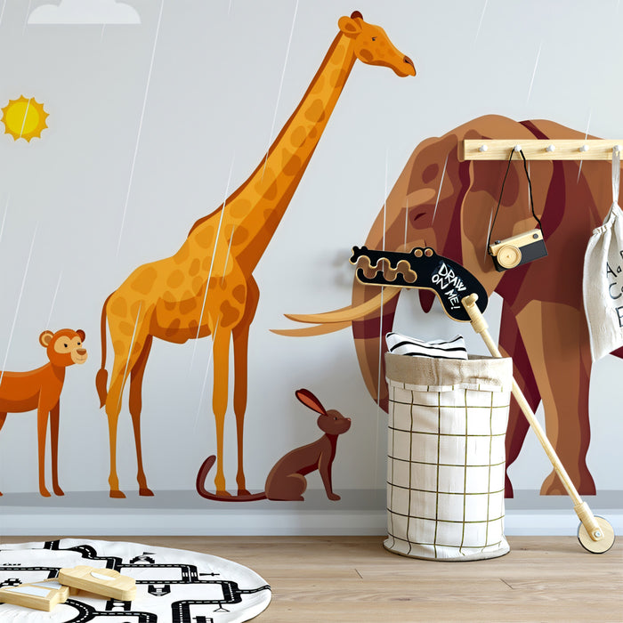 Illustration: Safari Animals in the Rain | Cartoon Style, Warm Tones, Nursery Panorama
