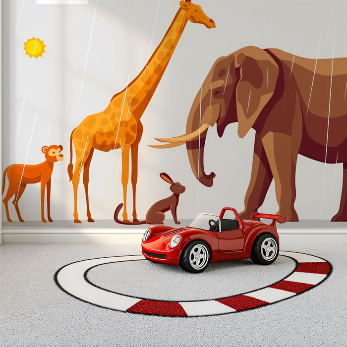 Illustration: Safari Animals in the Rain | Cartoon Style, Warm Tones, Nursery Panorama