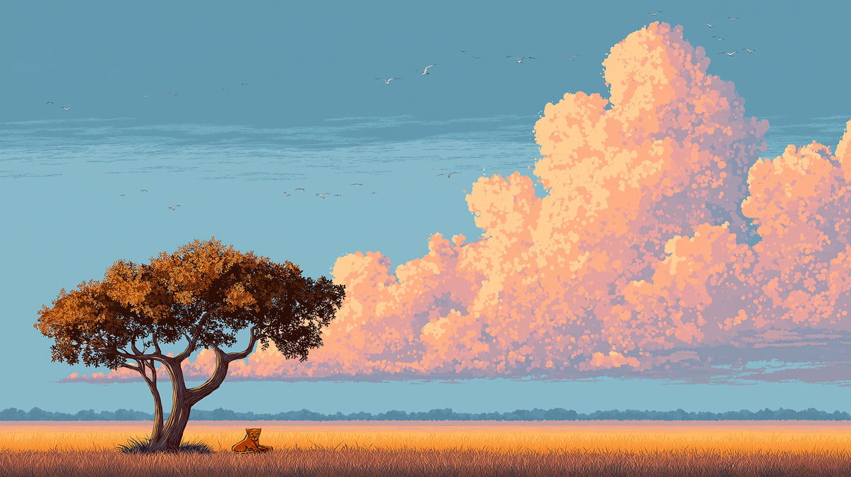 Minimalist African Savannah Sunset Mural | Pixel Art Style, Golden Field & Dramatic Clouds