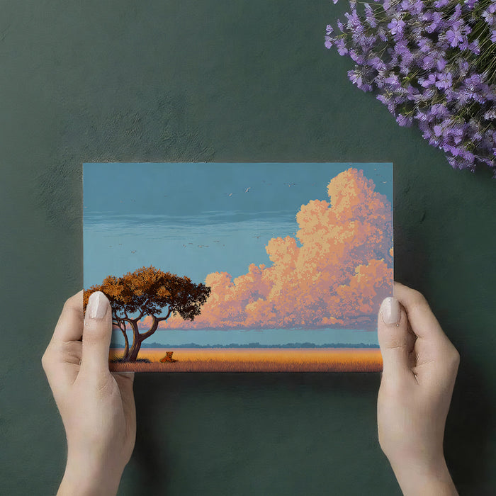 Minimalist African Savannah Sunset Mural | Pixel Art Style, Golden Field & Dramatic Clouds