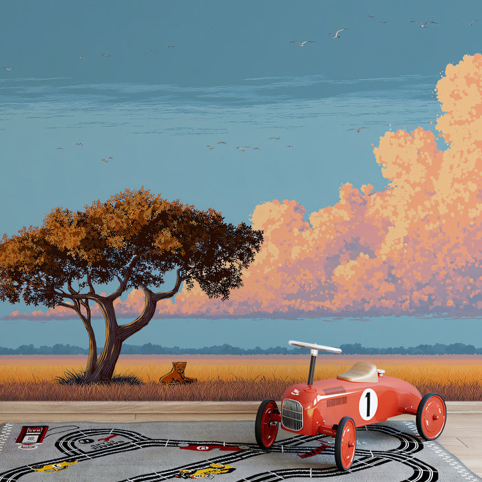 Minimalist African Savannah Sunset Mural | Pixel Art Style, Golden Field & Dramatic Clouds