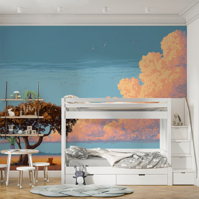 Minimalist African Savannah Sunset Mural | Pixel Art Style, Golden Field & Dramatic Clouds