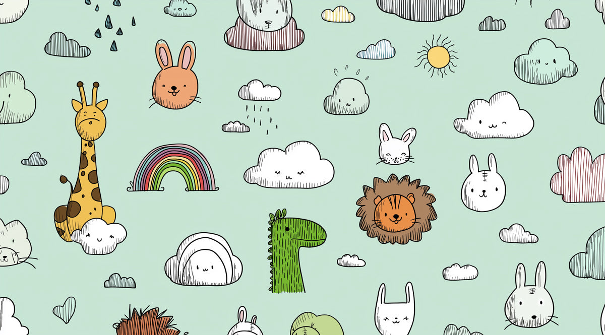 Kawaii Safari Animal Doodle Pattern | Hand-Drawn, Mint Green, Repeat Motif