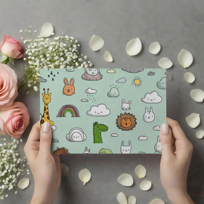 Kawaii Safari Animal Doodle Pattern | Hand-Drawn, Mint Green, Repeat Motif