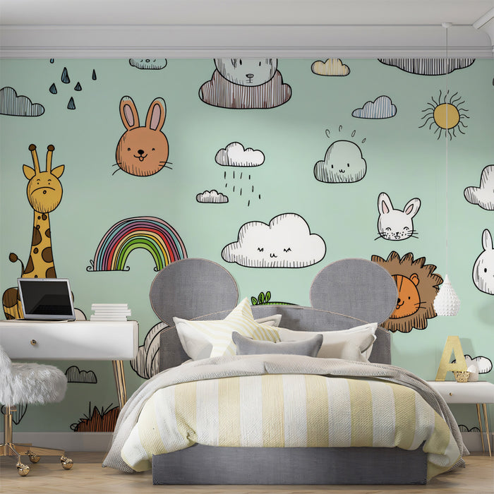 Kawaii Safari Animal Doodle Pattern | Hand-Drawn, Mint Green, Repeat Motif