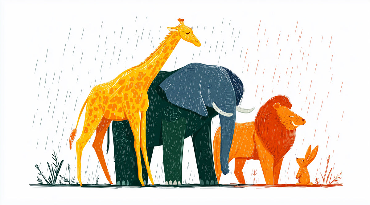 Watercolor Safari Animals in the Rain | Artistic Illustration, High-Contrast Palette