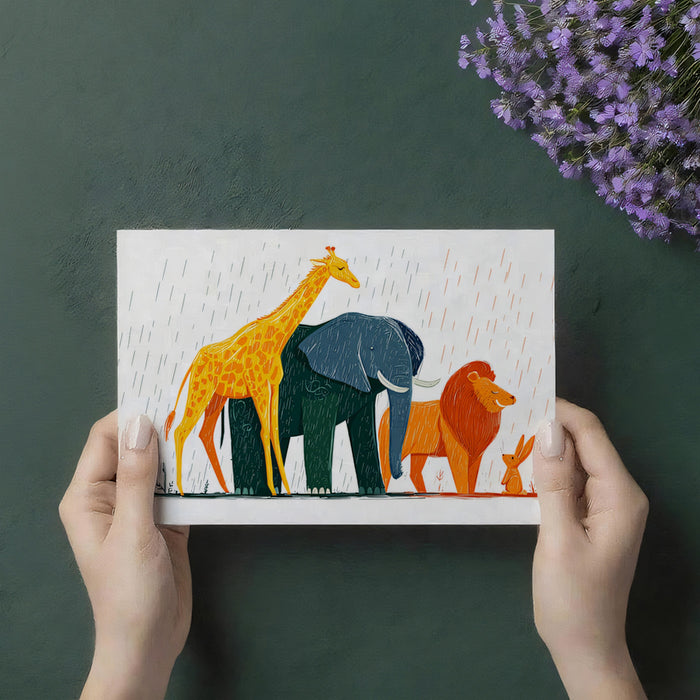 Watercolor Safari Animals in the Rain | Artistic Illustration, High-Contrast Palette
