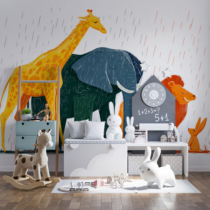 Watercolor Safari Animals in the Rain | Artistic Illustration, High-Contrast Palette