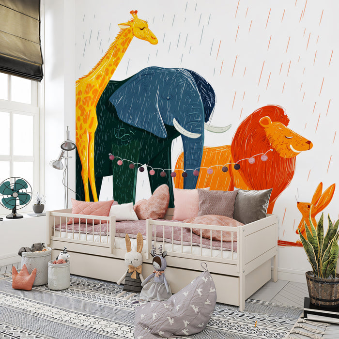Watercolor Safari Animals in the Rain | Artistic Illustration, High-Contrast Palette