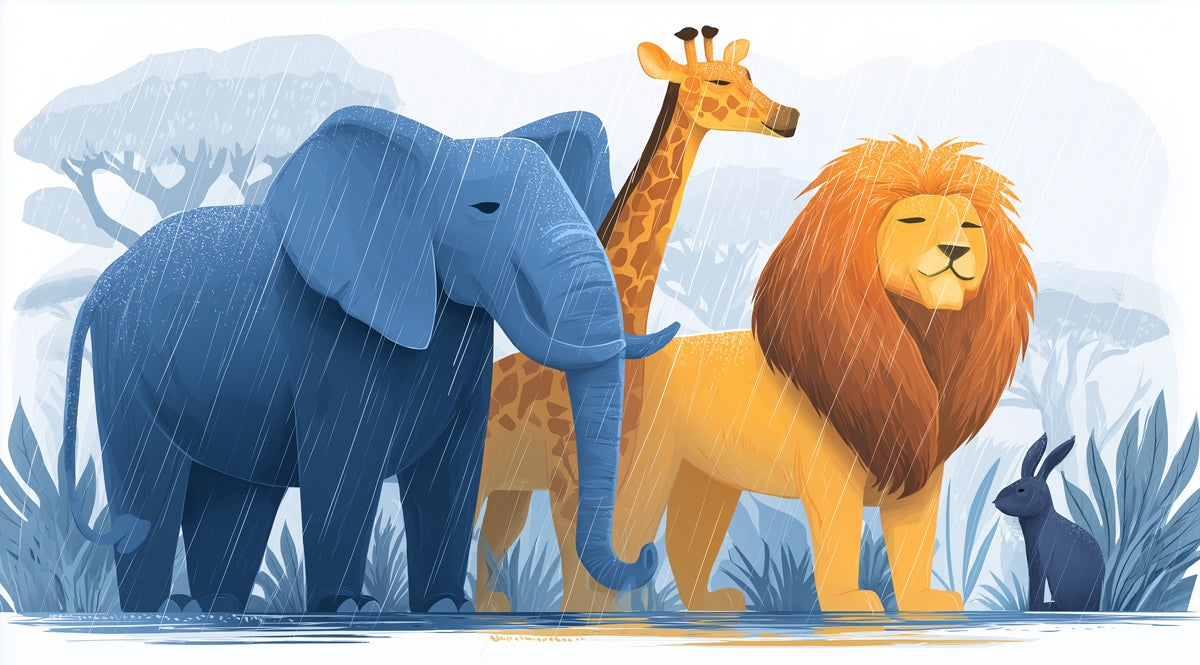 Illustration: Safari Animals in the Rain | Soft Texture, Blue & Gold Tones, Playful Drama