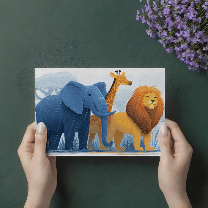 Illustration: Safari Animals in the Rain | Soft Texture, Blue & Gold Tones, Playful Drama
