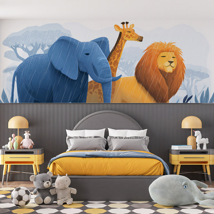 Illustration: Safari Animals in the Rain | Soft Texture, Blue & Gold Tones, Playful Drama
