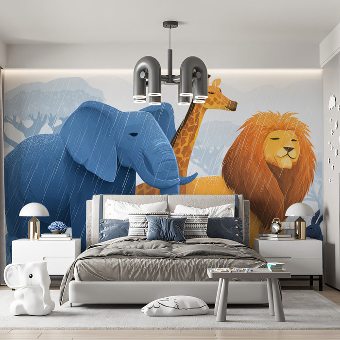 Illustration: Safari Animals in the Rain | Soft Texture, Blue & Gold Tones, Playful Drama