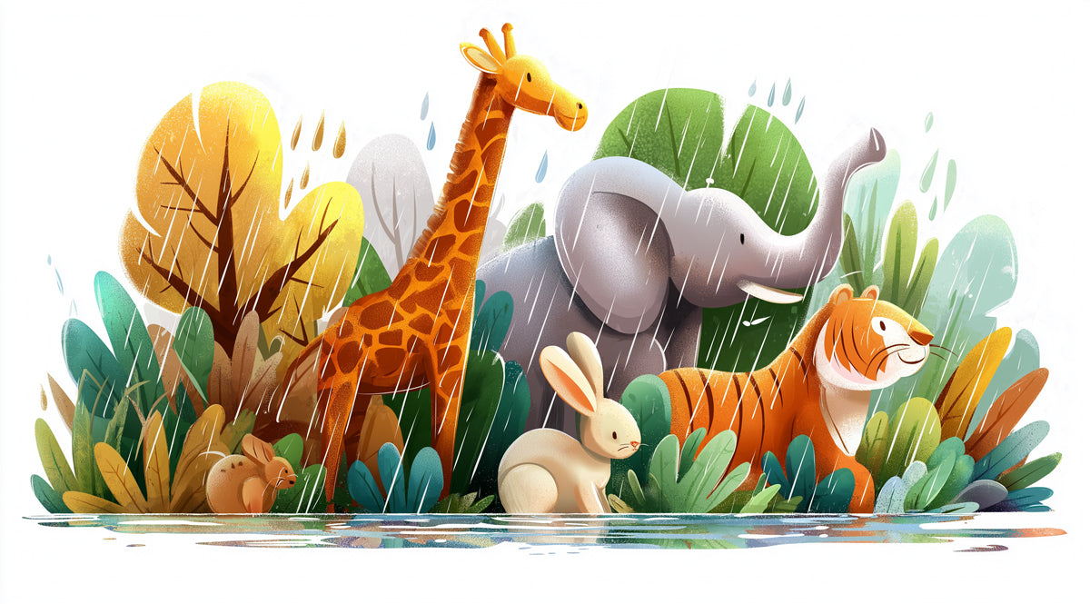 Lush Jungle Rain Safari Mural | Watercolor Texture, Vibrant Colors, Playful Scene