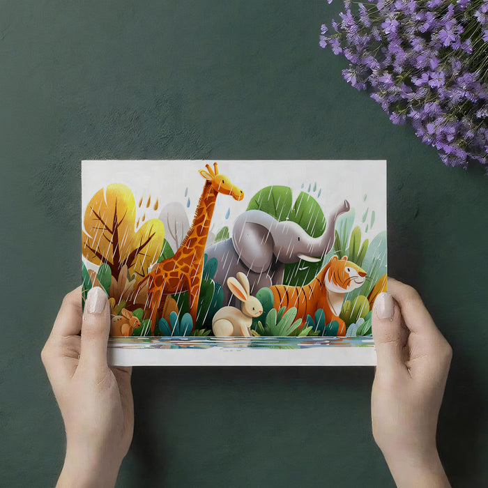 Lush Jungle Rain Safari Mural | Watercolor Texture, Vibrant Colors, Playful Scene