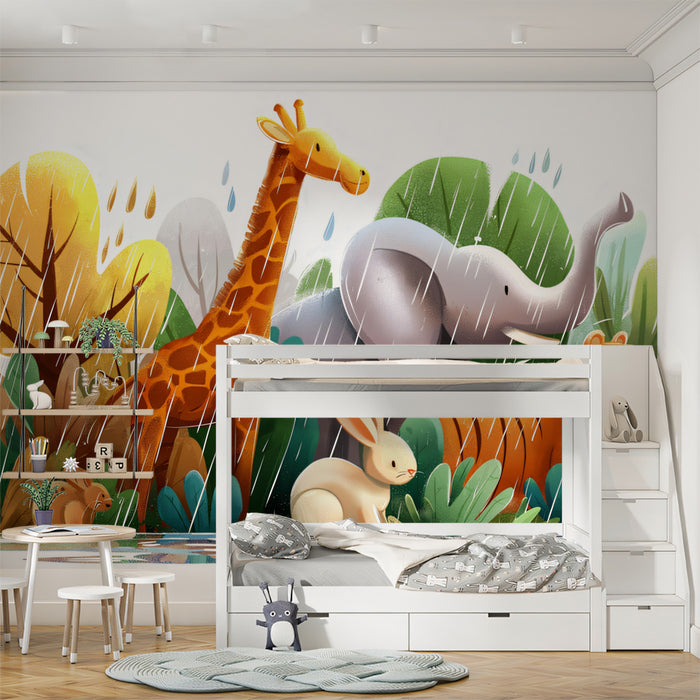 Lush Jungle Rain Safari Mural | Watercolor Texture, Vibrant Colors, Playful Scene