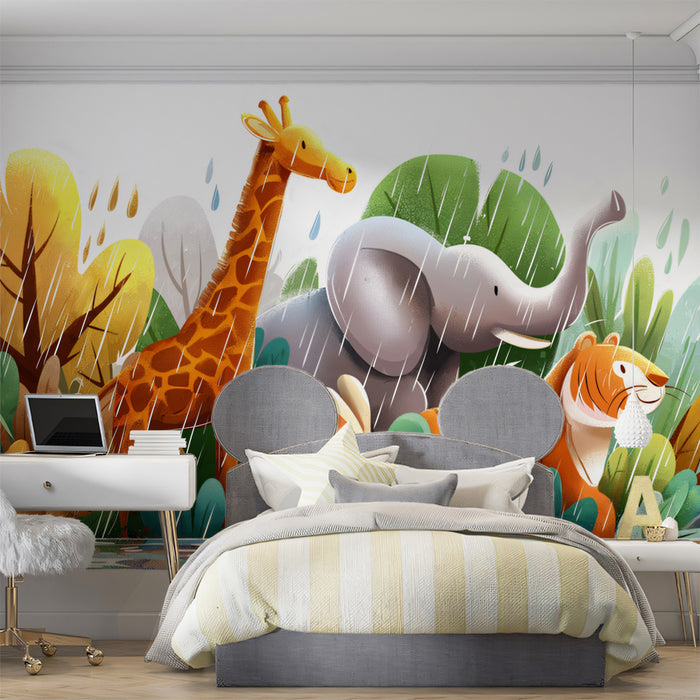 Lush Jungle Rain Safari Mural | Watercolor Texture, Vibrant Colors, Playful Scene