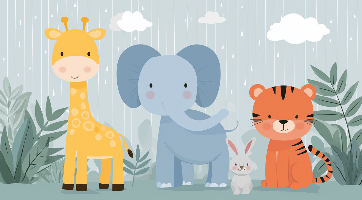 Cute Cartoon Safari in the Rain | Pastel Blue & Orange, Rounded Forms, Nursery Theme
