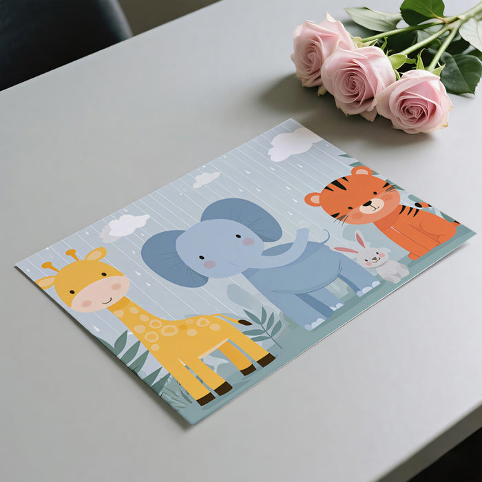 Cute Cartoon Safari in the Rain | Pastel Blue & Orange, Rounded Forms, Nursery Theme