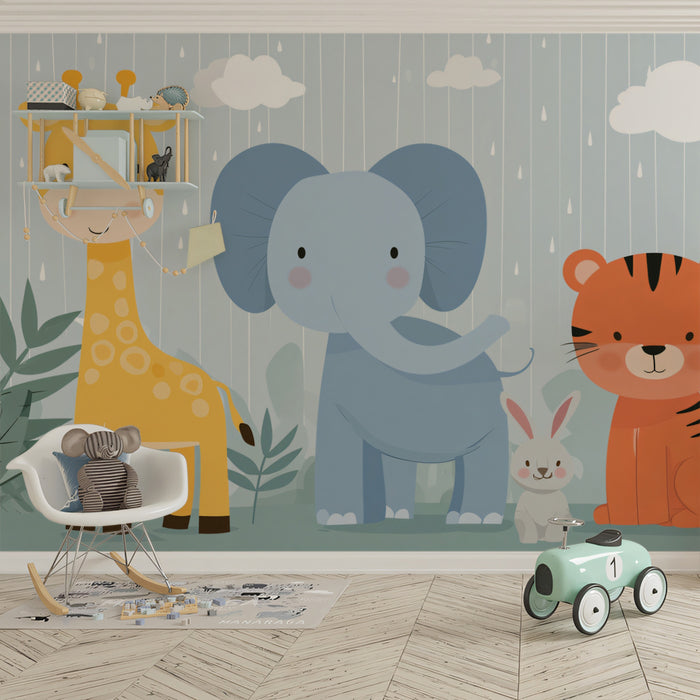 Cute Cartoon Safari in the Rain | Pastel Blue & Orange, Rounded Forms, Nursery Theme