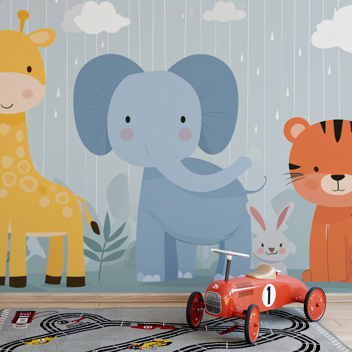 Cute Cartoon Safari in the Rain | Pastel Blue & Orange, Rounded Forms, Nursery Theme