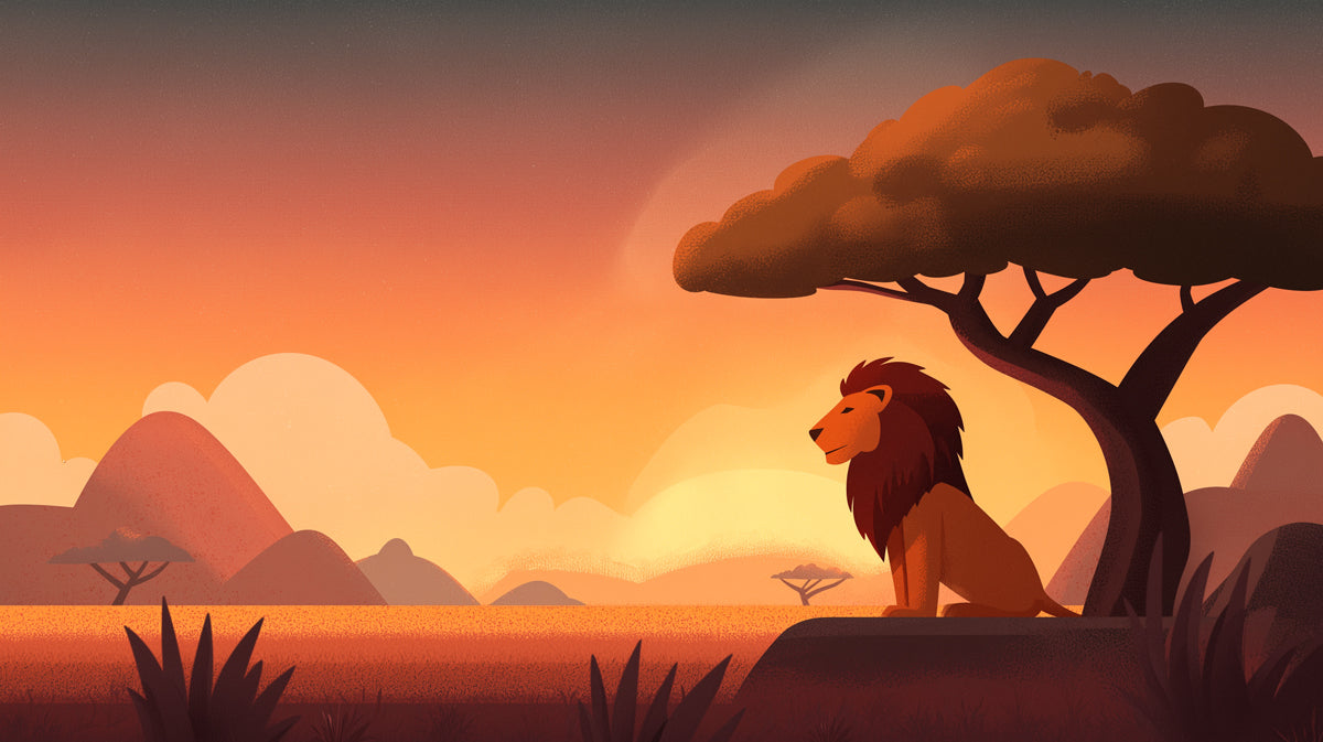 Lion at Sunset Savannah Mural | Flat Design, Warm Orange Tones, Minimalist Landscape